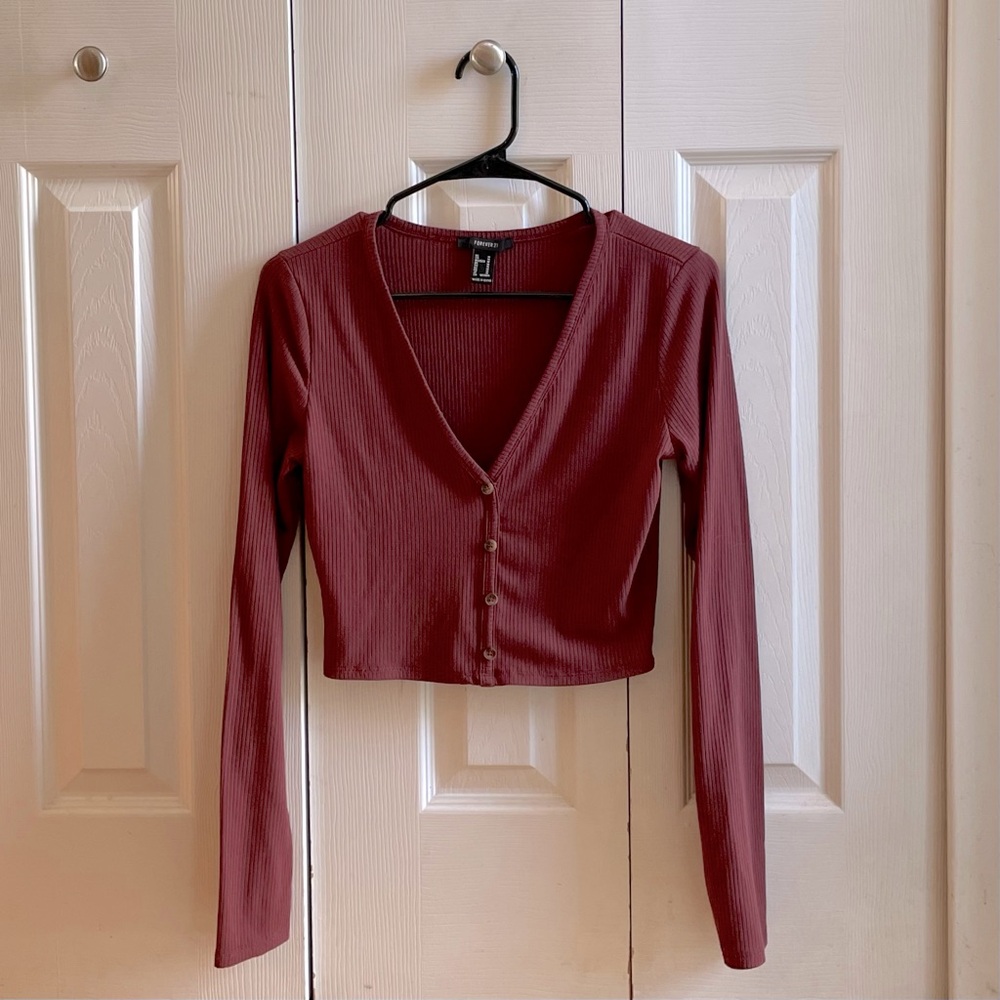 Forever 21: Red V-Neck Button Down Ribbed Crop Top